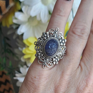 Tanzanite Natural Hand Carved Floral Ring In 925 Sterling Silver.